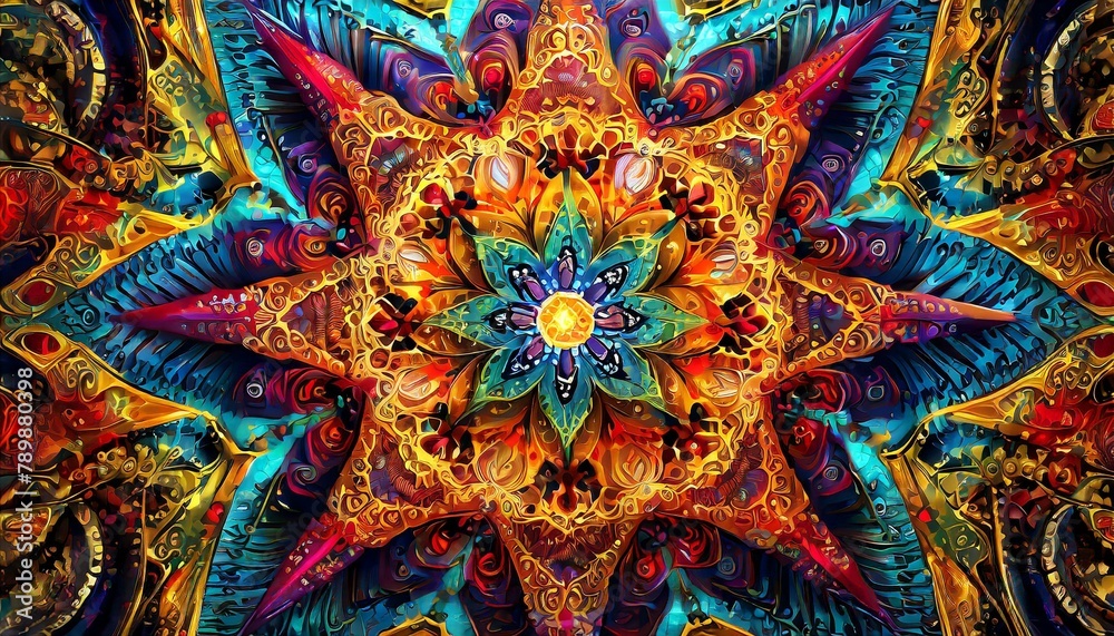 Fractal flower pattern in vibrant colors Digital fractal design. Flower pattern in abstract stained glass.