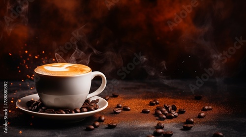 Coffee Cup and Roasted Coffee Beans  Coffee Background.