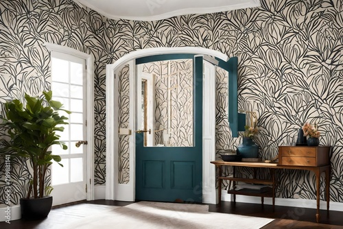 a stylish entryway with an eye-catching wallpaper pattern.