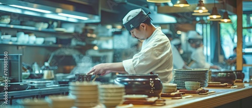 The Blur chef, who is cooking at the kitchen counter, serves customers straight from this Japanese restaurant counter, which focuses on ceramic tea cups. photo