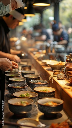 The Blur chef, who is cooking at the kitchen counter, serves customers straight from this Japanese restaurant counter, which focuses on ceramic tea cups.