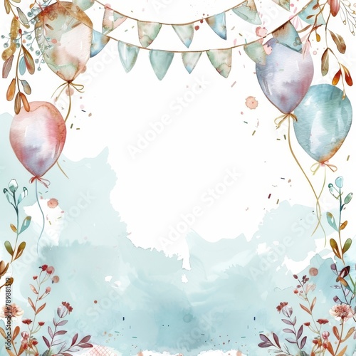 Watercolor background with balloons, bunting and floral elements