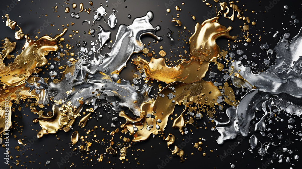 A splash of metallic paint colors--gold, silver, and bronze--against a matte black background, creating a luxurious and sophisticated abstract art piece. 