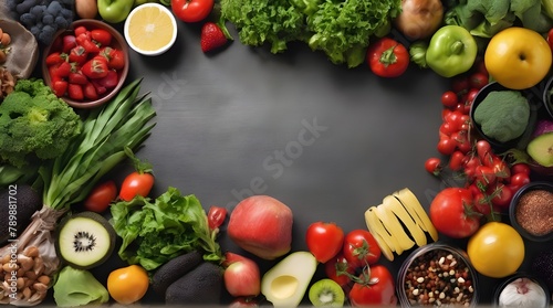 Multicoloured fruit and vegetables in a black bowl on a burnt surface. 