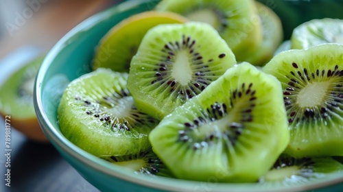 A bowl of perfectly ripe kiwi slices with their black seeds and green flesh