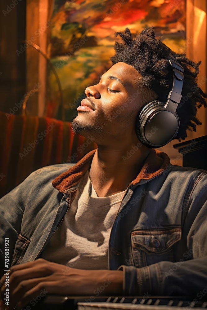 Handsome young african american man listening to music with headphones.