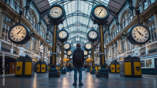 Man Standing in a Train Station Surrounded by Various Clocks