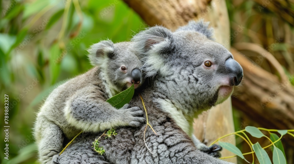 Fototapeta premium A playful baby koala clinging to its mother's back