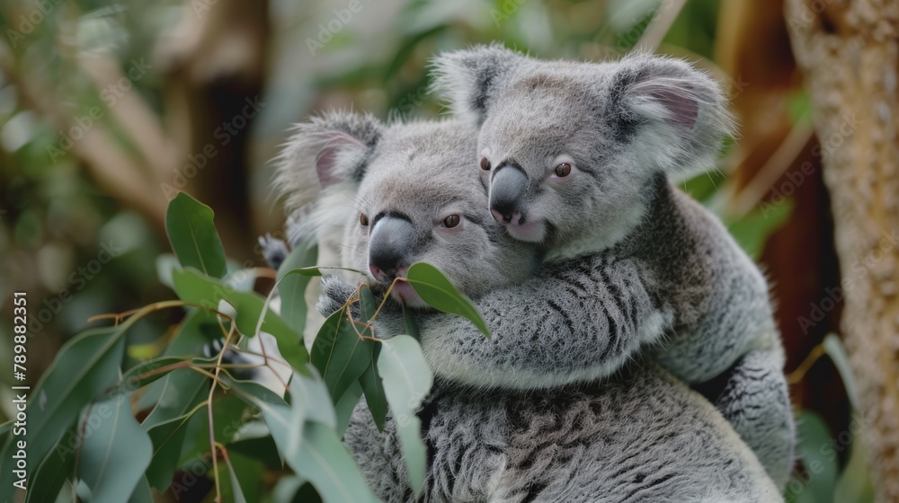 Fototapeta premium A playful baby koala clinging to its mother's back
