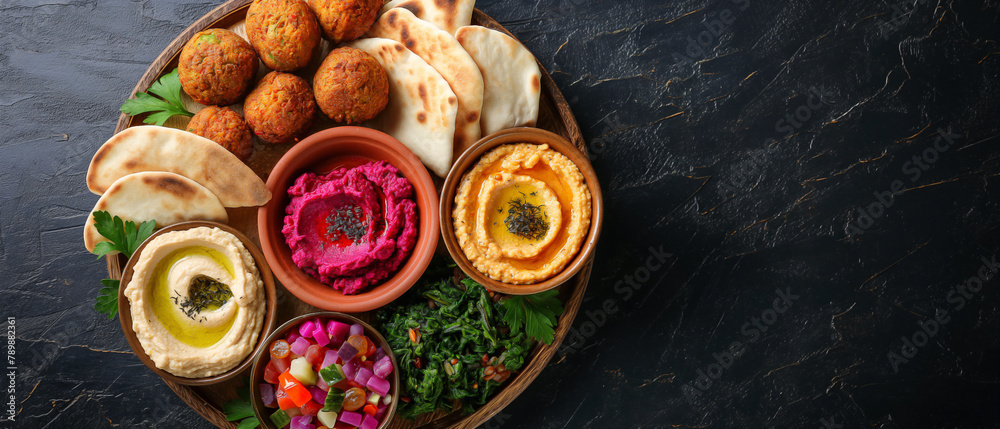 A rustic round wooden platter overflowing with an assortment of organic finger foods, wide shot captured from a top-down perspective A rustic round wooden platter overflowing with an assortment of organic finger foods, wide shot captured from a top-down perspective