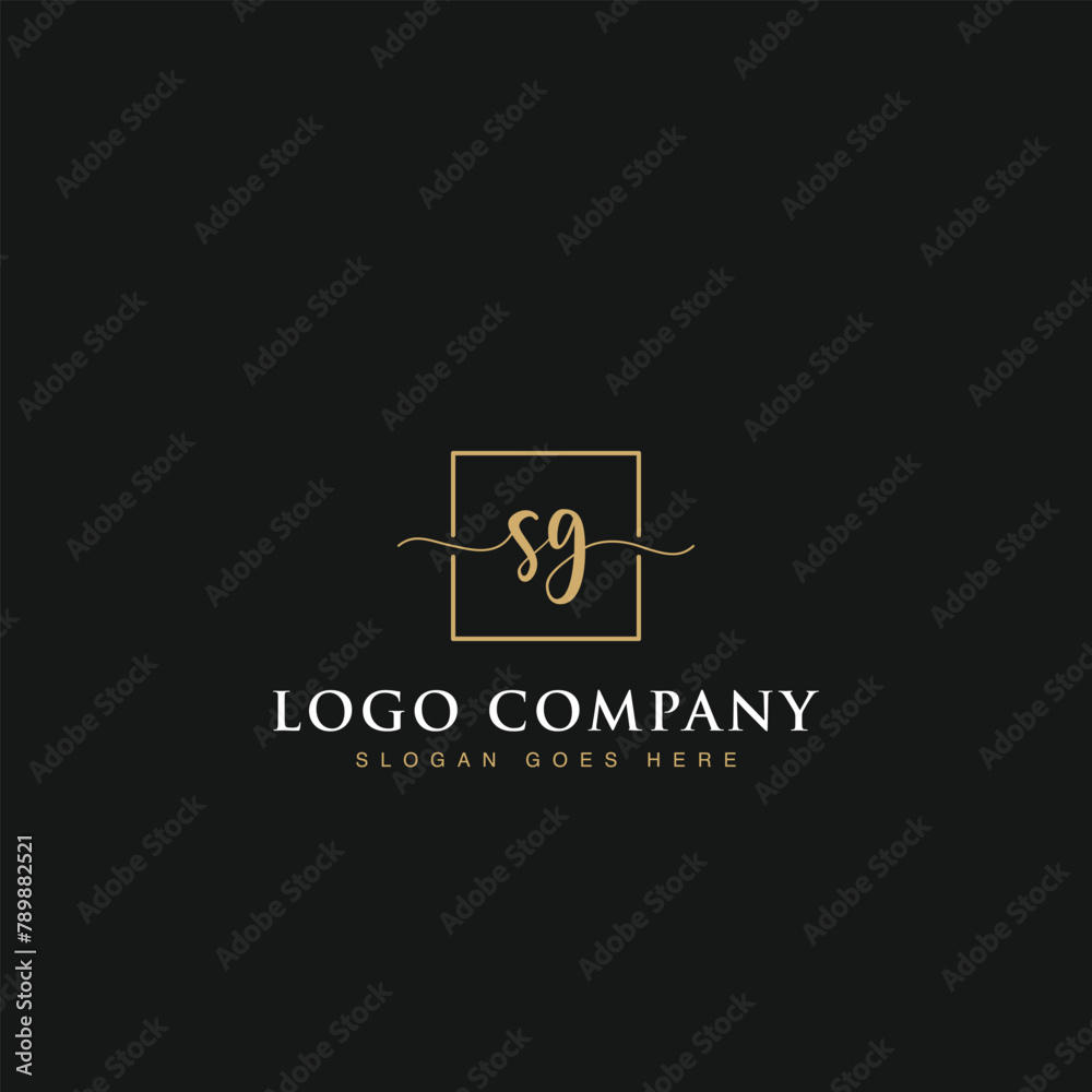 Initials signature letters SG linked inside minimalist luxurious square line border vector logo gold color design for brand, identity, invitations, hotel, boutique, jewelry, photography, company signs