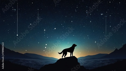 Artistic Vector Artwork Against a Blue and Black Space Background, Vector Art Depicting the Celestial Dog in a Cosmic Blue Setting, Artistic Representation of Canis Major in Vector Format on Space 