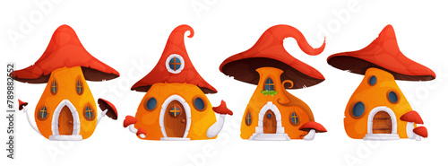 Cartoon vector illustration set of magic forest or garden tiny home made from fungus with grass and flowers. Fantasy fairytale gnome or animal mushroom house.