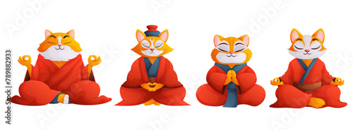 Cartoon vector set of meditating cats. An orange cat with white fluff, wearing a red Chinese robe, sits in a lotus plant. Concept of relaxation, yoga, meditation.