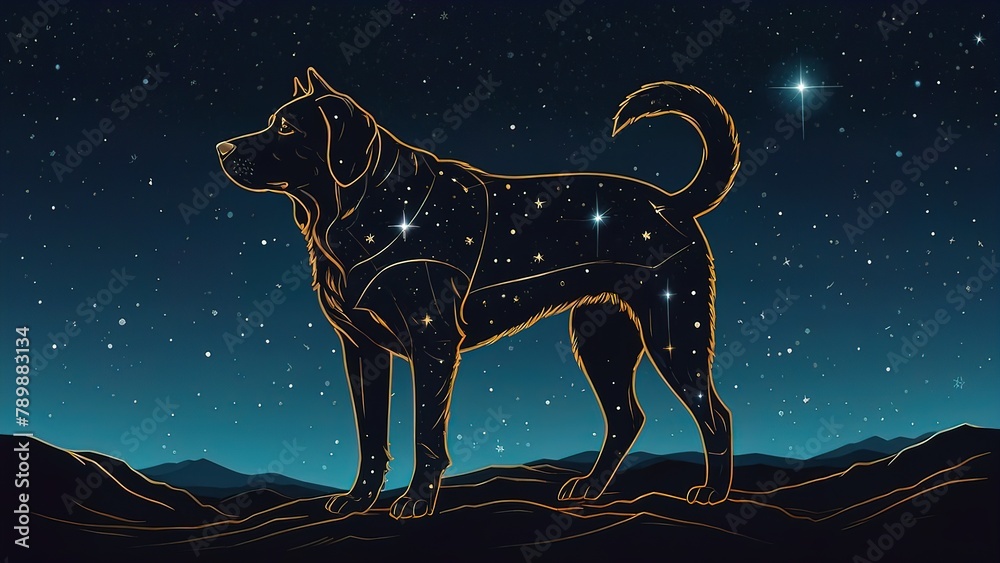 Artistic Vector Artwork Against a Blue and Black Space Background, Vector Art Depicting the Celestial Dog in a Cosmic Blue Setting, Artistic Representation of Canis Major in Vector Format on Space 