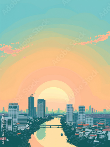 Bangkok area infographic, top view, Summer and Sunny ,blue sky, Chaophraya river, two Bridges, city buildings silhouetted