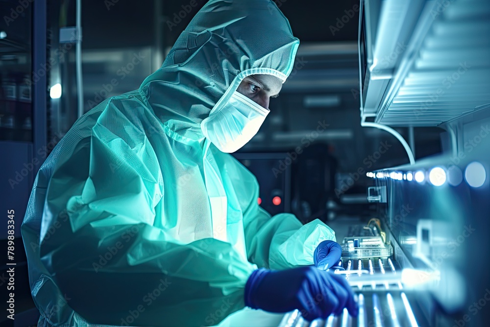 A scientist in a protective suit and gloves is working on a machine in a laboratory setting. Generative AI A scientist in a protective suit and gloves is working on a machine in a laboratory setting. Generative AI