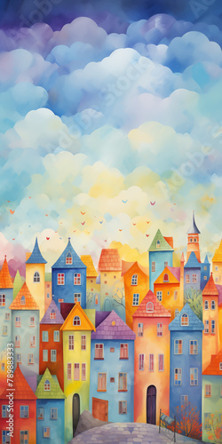 The illustrations are watercolor paintings. Colorful city pictures are used to decorate and add beauty. Medieval castle amidst lush greenery With the vast sky as the background 