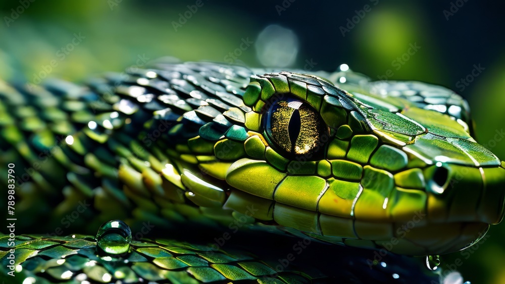 Fototapeta premium Detailed view of snake skin texture in green.