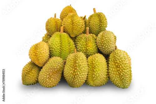 Pile of durian fruit on white background. Seasonal fruits of Thailand