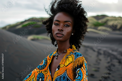 Fototapeta Naklejka Na Ścianę i Meble -  Portrait of black female model in colorful high end fashion clothes on black sand dunes