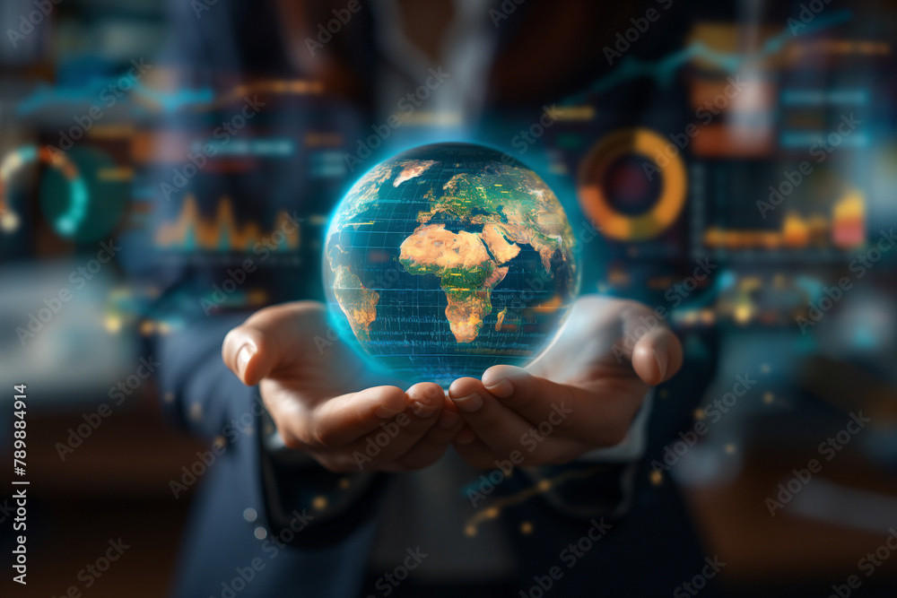 Close-up of a businesswoman's hands holding a glowing globe, symbolizing global business strategies and sustainability, with charts and graphs projected in the background Close-up of a businesswoman's hands holding a glowing globe, symbolizing global business strategies and sustainability, with charts and graphs projected in the background