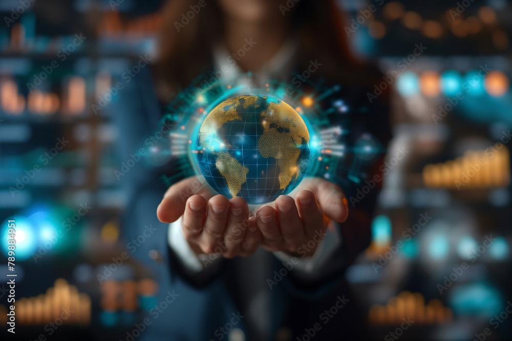 Fototapeta premium Close-up of a businesswoman's hands holding a glowing globe, symbolizing global business strategies and sustainability, with charts and graphs projected in the background