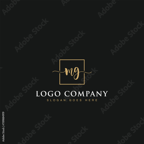 Initials signature letters MG linked inside minimalist luxurious square line border vector logo gold color design for brand, identity, invitations, hotel, boutique, jewelry, photography, company signs