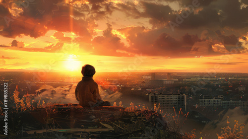 Solitary child in contemplation at sunset, sitting on a high vista overlooking a vast urban landscape.