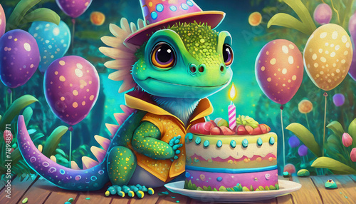 oil painting style cartoon character multicolored happy baby iguana with birthday cake, cartoon,