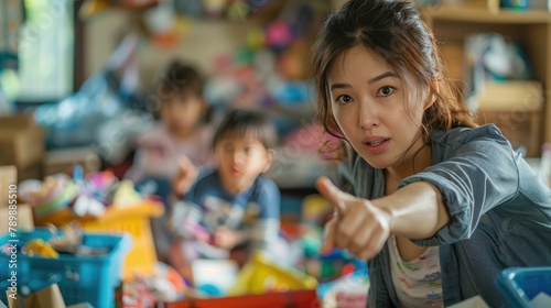 Asian mother pointing finger at a messy child's room photo
