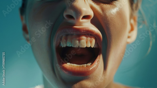 Close-up of a wincing expression capturing dental pain, featured against a soft blue backdrop, in a hyper-realistic style. photo