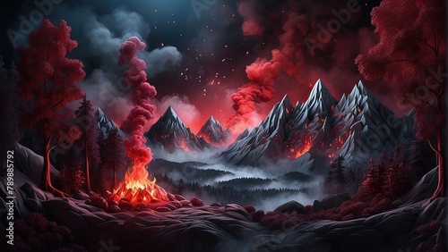 Explosive Flames with Smoke and Burning Heat, Hot Abstract Energy and Explosive Light, Dark Explosive Flames with Fiery Red and Black Backgrounds, Exploding Flames and Smoke under a Dark Sky, Fiery  photo