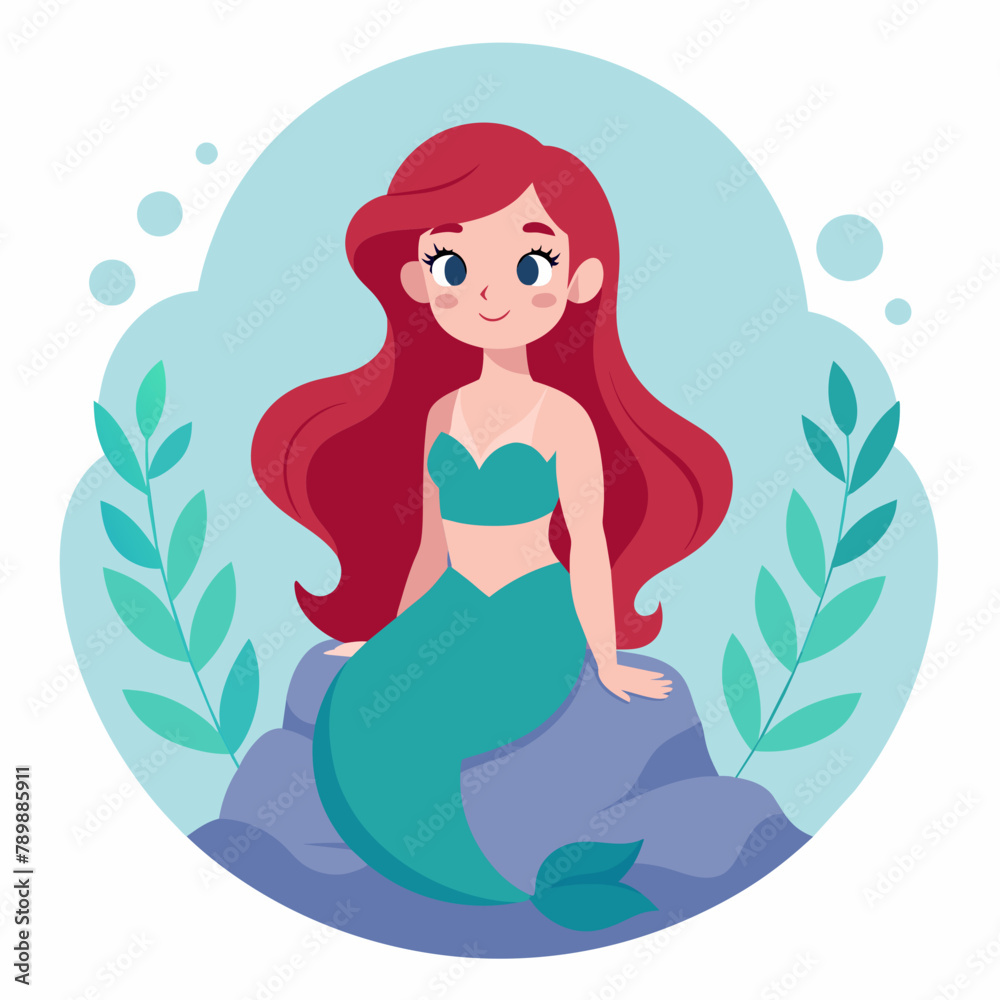 Enchanting Mermaid Adorable Smile on Rock  Beautiful Oceanic Scene