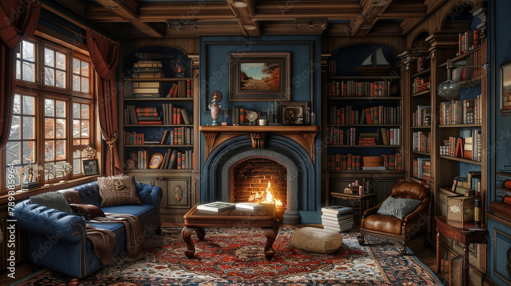 A snug family room with a fireplace, comfortable seating, and shelves of board games.