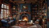 A snug family room with a fireplace, comfortable seating, and shelves of board games.