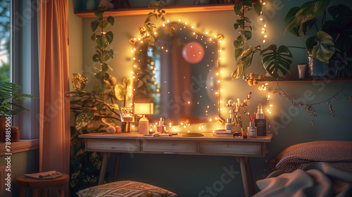 A snug corner in the bedroom with a vanity table and a mirror framed in fairy lights. photo