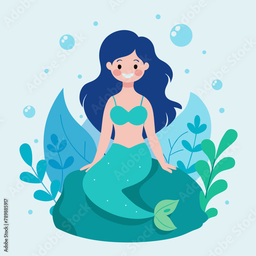 Enchanting Mermaid Adorable Smile on Rock Beautiful Oceanic Scene