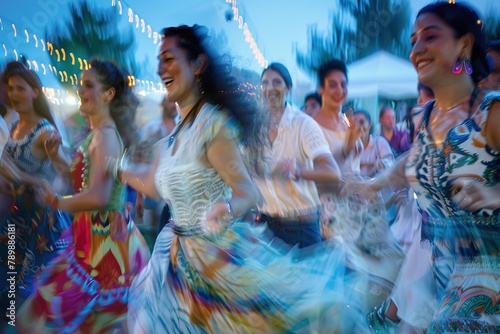 Blurred motion captures people dancing joyously during a festive outdoor event. photo
