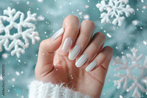 Frosty Elegance: Professional Hand Model with Snowflake Nails on Serene Background