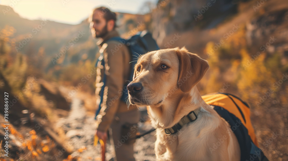 Close-up view of a young man with a backpack & a dog in a mountain background view. Hiking dog and man outdoor activities, travel with pet, campaign, nature concept. 