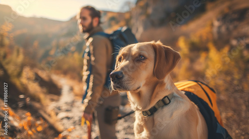 Close-up view of a young man with a backpack & a dog in a mountain background view. Hiking dog and man outdoor activities, travel with pet, campaign, nature concept. 