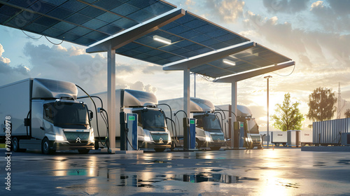 Electric delivery vehicles charging at a solar-powered station, representing renewable energy transportation in logistics photo