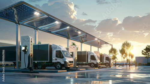 Electric delivery vehicles charging at a solar-powered station, representing renewable energy transportation in logistics