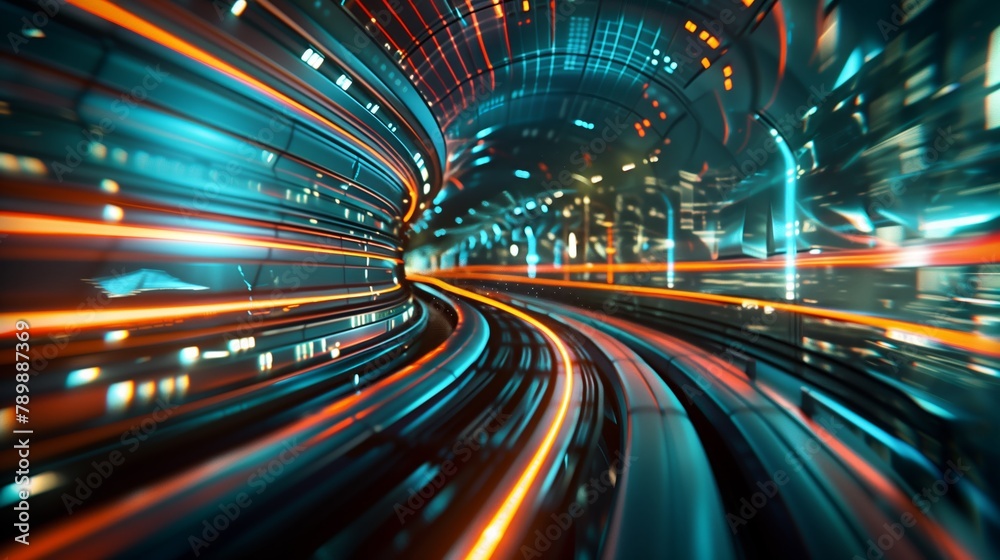 A blurry image of a tunnel with a bright blue and orange line A blurry image of a tunnel with a bright blue and orange line