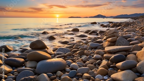 Serene Seascape with Dewy Rocks, Sunset Meditation Amidst Winter Dew, Dewy Winter Sunset Meditation Scene, Calm Winter Sunset with Glistening Dew, Dew-Covered Stones by the Sea in Winter Meditation. © Ali Khan