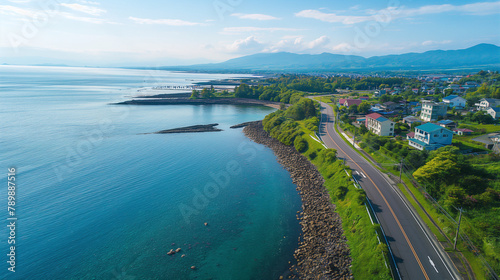 drone-shot flat art depicts a picturesque coastal road in Hokkaido. The beautiful sea lies to the left of the image, while on the right, there is a view of the city with houses and a school