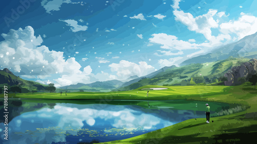 a painting of a man playing golf on a golf course #789887797