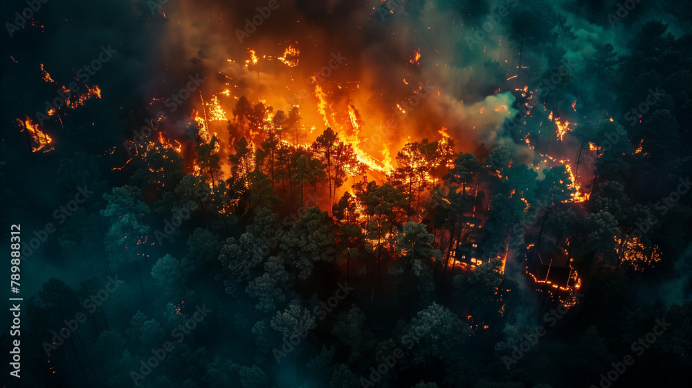 Wildfire with towering flames engulfing a dense forest, emitting orange flames and smoke. The severity of forest fires.