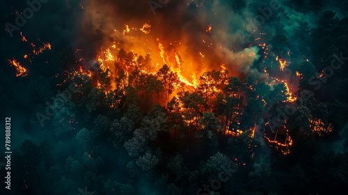 Wildfire with towering flames engulfing a dense forest, emitting orange flames and smoke. The severity of forest fires.